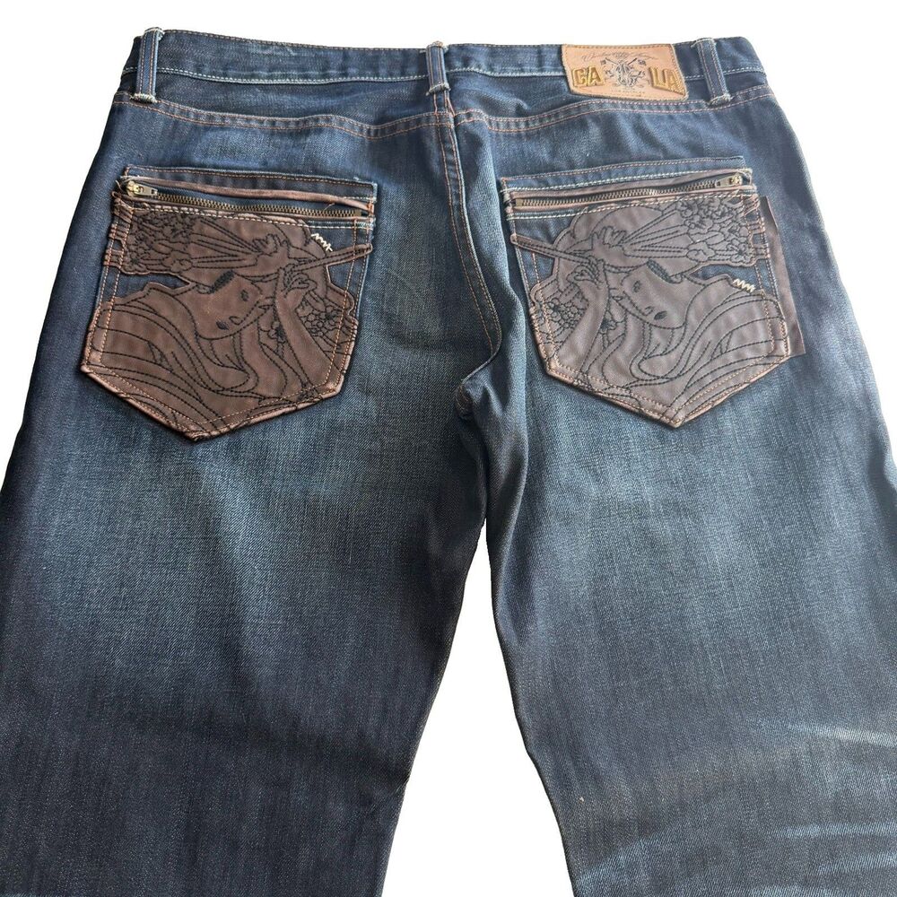 Christian Audiger Vintage Blue Jeans Size 36x32 Leather Geisha Zip Pockets